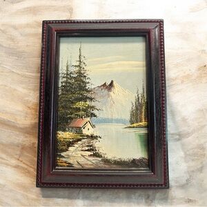 Vintage Small Framed Oil Painting Landscape Art with Cabin and Mountain Scene